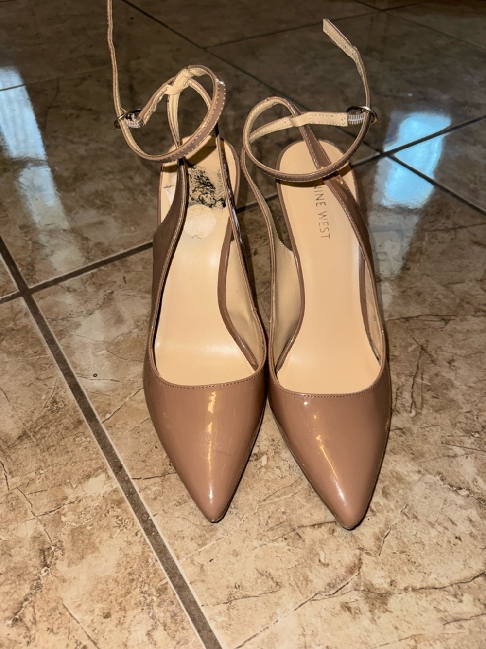 Nine West Patent Pointed-Toe Ankle-Strap Pumps in Nude Taupe